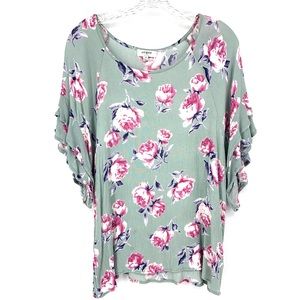 Umgee Floral Pink Rose Print Ruffle Sleeve Blouse Size Medium